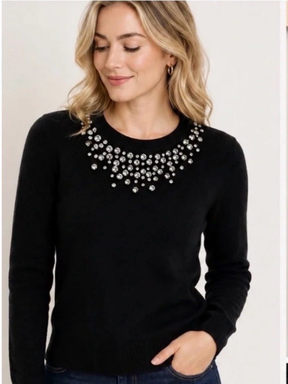 kate spade Black Sweater with Crystal Cluster Necklace Detail